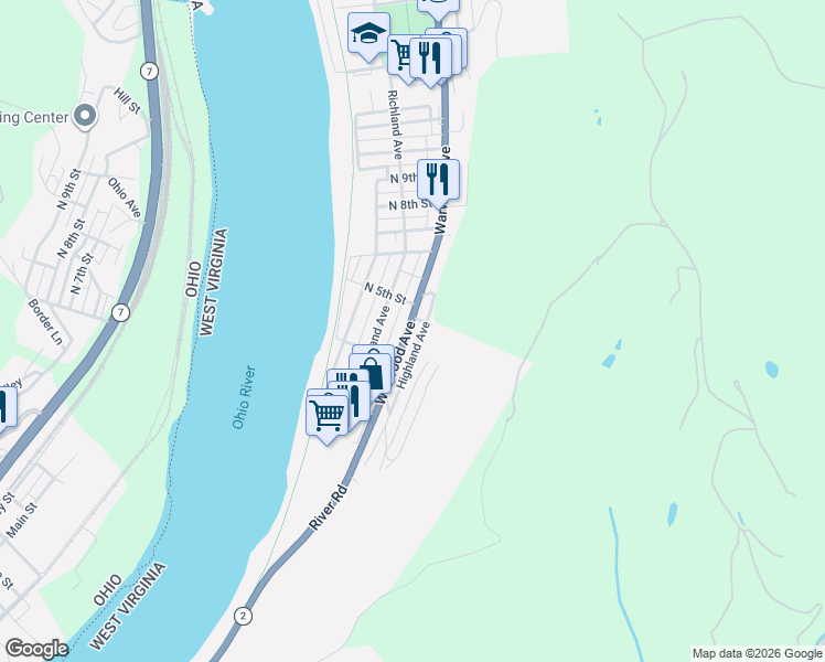 map of restaurants, bars, coffee shops, grocery stores, and more near 419 Warwood Avenue in Wheeling