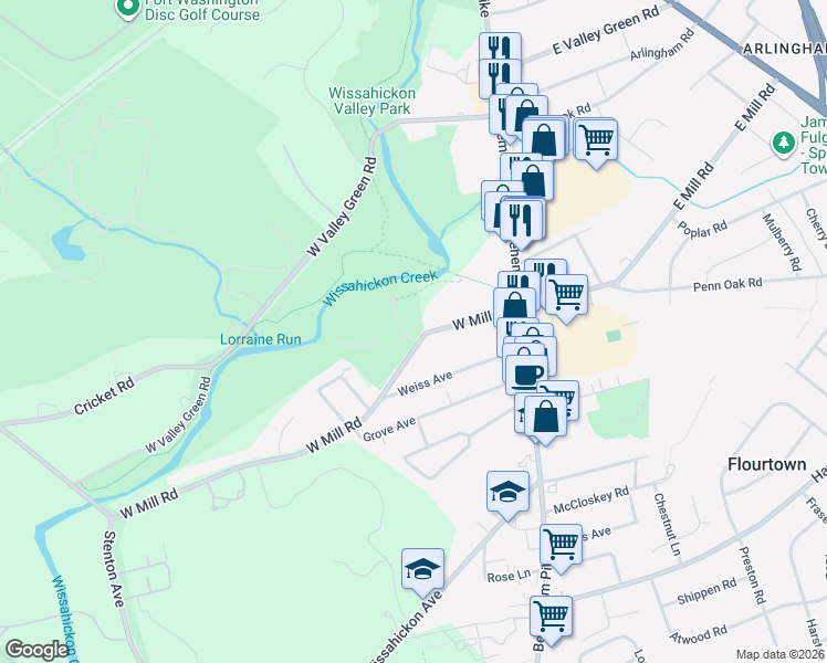 map of restaurants, bars, coffee shops, grocery stores, and more near 41 West Mill Road in Flourtown