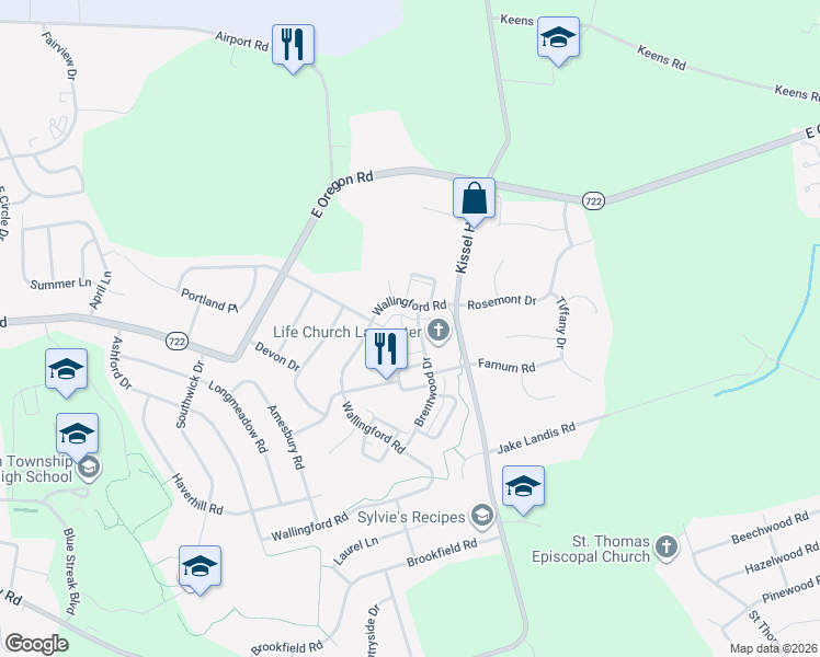 map of restaurants, bars, coffee shops, grocery stores, and more near 608 Wagonwheel Road in Lititz