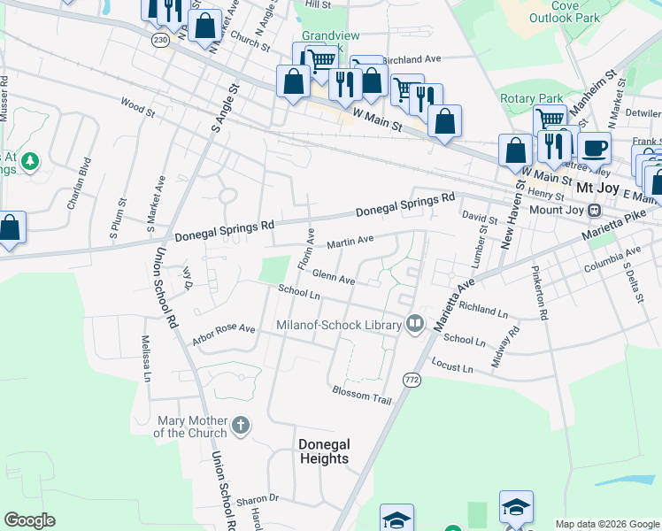 map of restaurants, bars, coffee shops, grocery stores, and more near 513 Glenn Avenue in Mount Joy