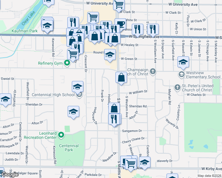 map of restaurants, bars, coffee shops, grocery stores, and more near 908 Holiday Drive in Champaign