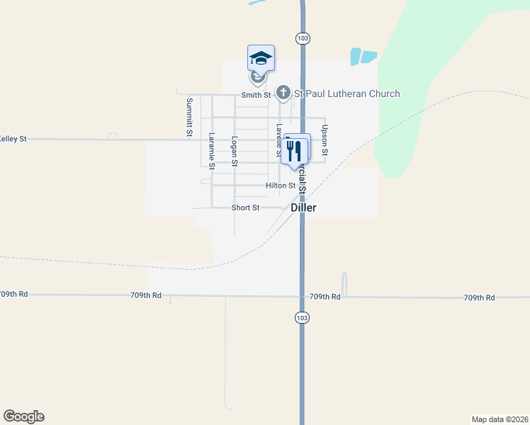 map of restaurants, bars, coffee shops, grocery stores, and more near 308 Short Street in Diller