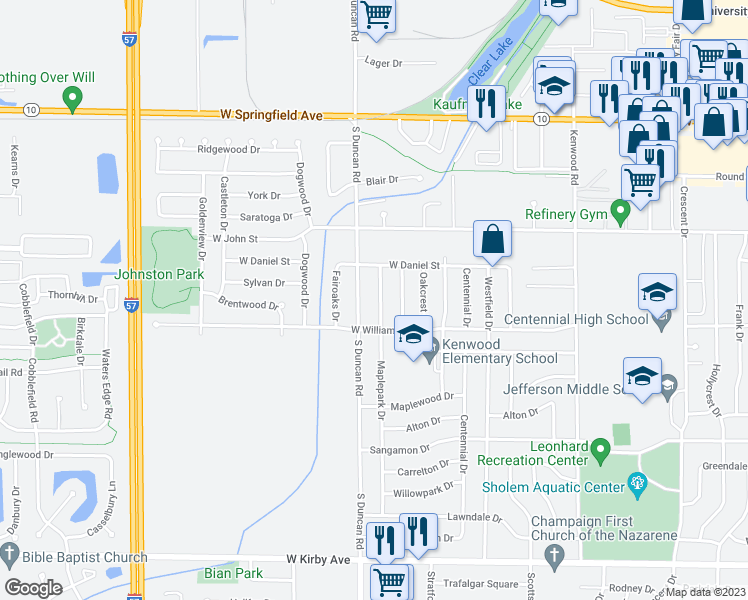 map of restaurants, bars, coffee shops, grocery stores, and more near 901 Maplepark Dr in Champaign