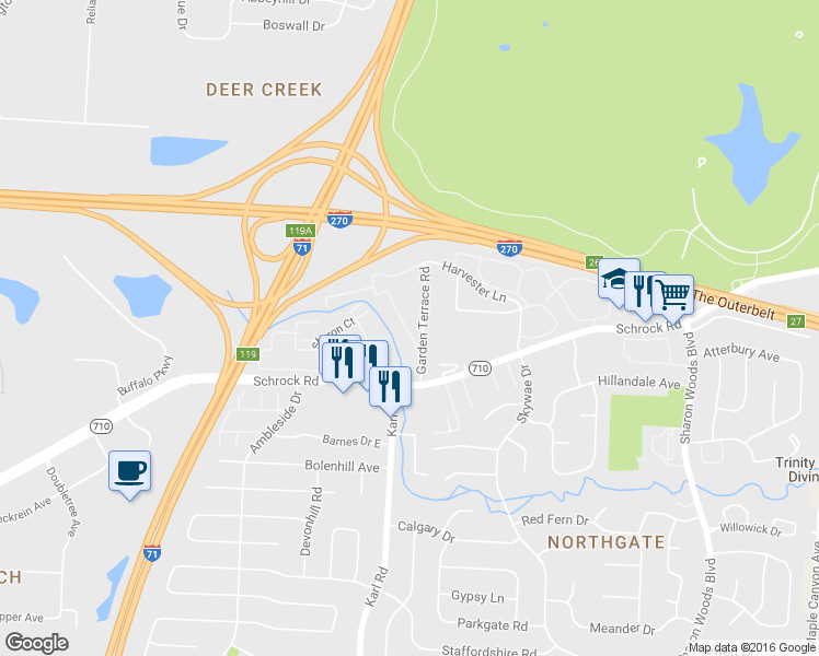 map of restaurants, bars, coffee shops, grocery stores, and more near 7012 Spring House Lane in Columbus
