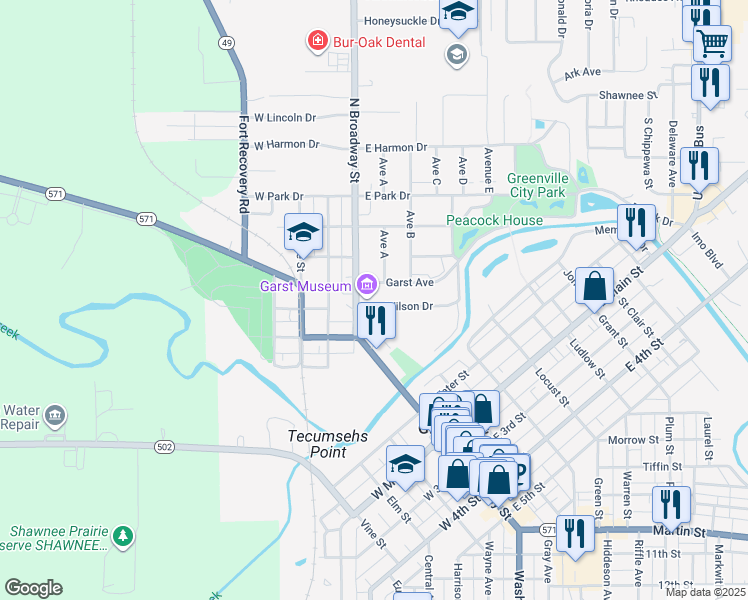 map of restaurants, bars, coffee shops, grocery stores, and more near 205 North Broadway Street in Greenville