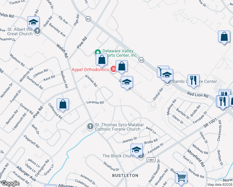 map of restaurants, bars, coffee shops, grocery stores, and more near 600 Oakfield Lane in Philadelphia
