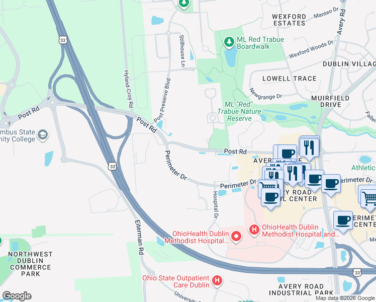 map of restaurants, bars, coffee shops, grocery stores, and more near 7155 Post Road in Dublin