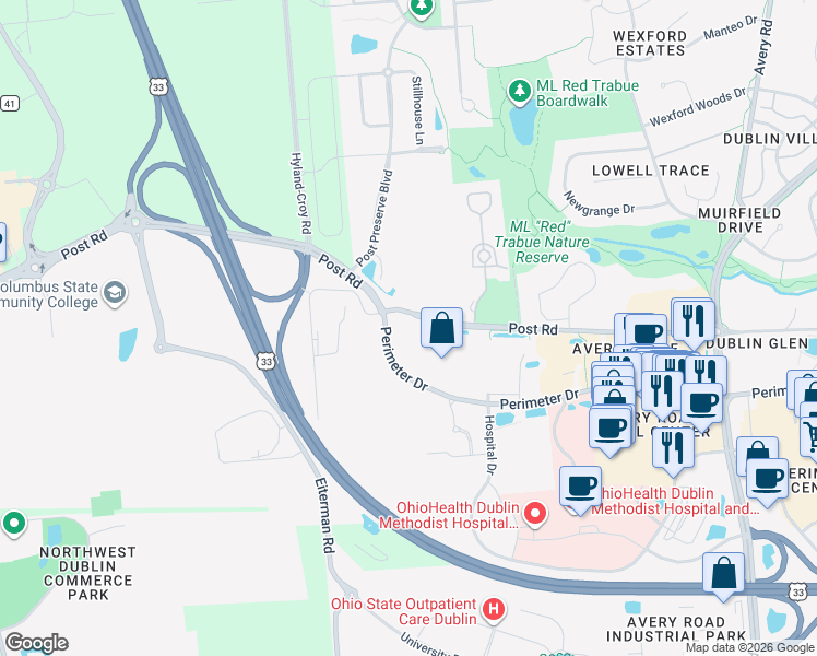 map of restaurants, bars, coffee shops, grocery stores, and more near 7155 Post Road in Dublin