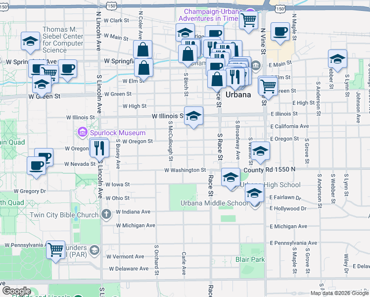map of restaurants, bars, coffee shops, grocery stores, and more near 705 South Birch Street in Urbana
