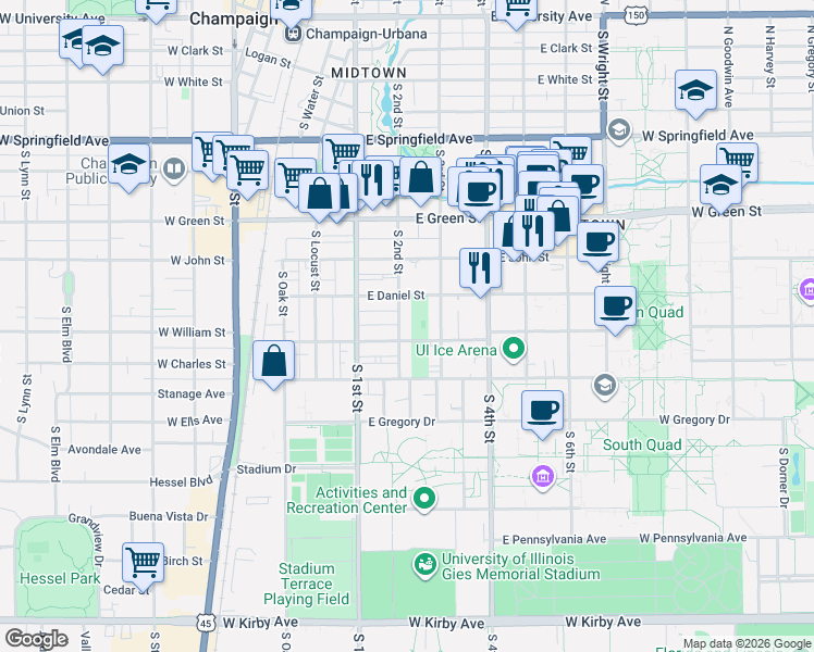 map of restaurants, bars, coffee shops, grocery stores, and more near 909 South 3rd Street in Champaign