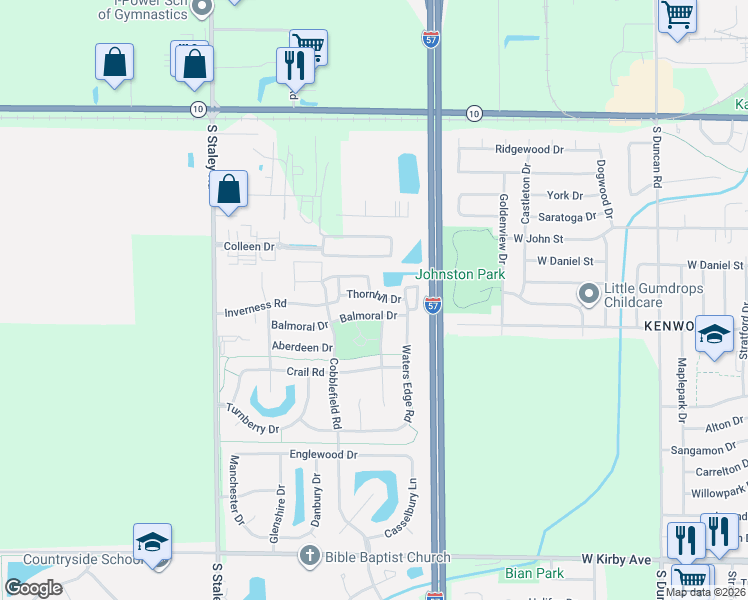 map of restaurants, bars, coffee shops, grocery stores, and more near 3764 Thornhill Circle in Champaign