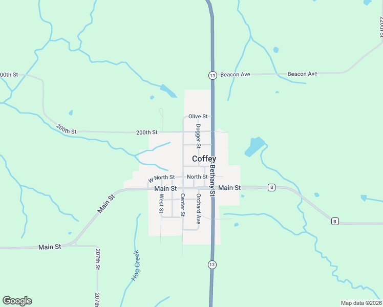 map of restaurants, bars, coffee shops, grocery stores, and more near 310 Center Street in Coffey