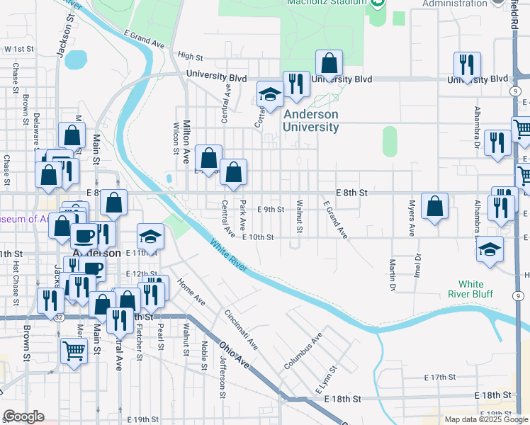 map of restaurants, bars, coffee shops, grocery stores, and more near 902 Cottage Avenue in Anderson
