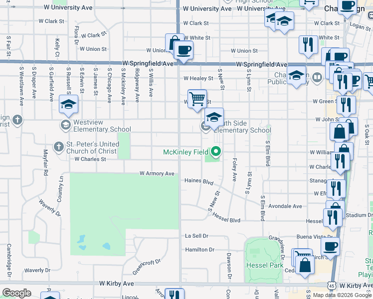 map of restaurants, bars, coffee shops, grocery stores, and more near 811 West William Street in Champaign