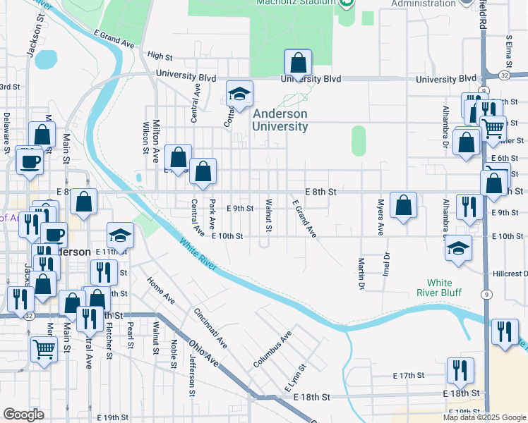 map of restaurants, bars, coffee shops, grocery stores, and more near 905 Walnut Street in Anderson