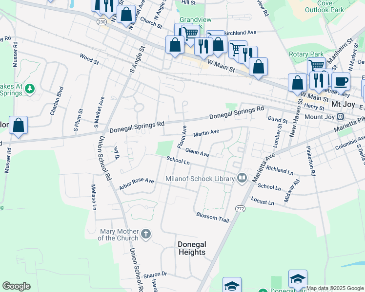 map of restaurants, bars, coffee shops, grocery stores, and more near 525 Glenn Avenue in Mount Joy
