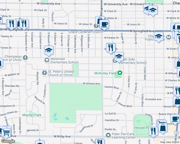 map of restaurants, bars, coffee shops, grocery stores, and more near 923 West William Street in Champaign