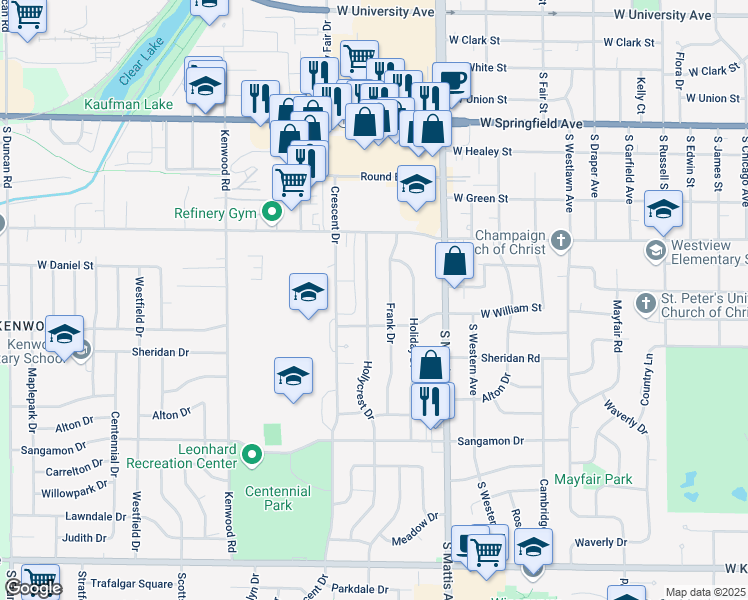 map of restaurants, bars, coffee shops, grocery stores, and more near 908 Hollycrest Drive in Champaign