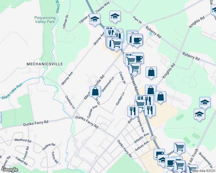 map of restaurants, bars, coffee shops, grocery stores, and more near 2785 Stanwood Lane in Bensalem