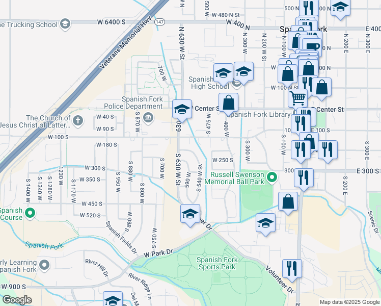 map of restaurants, bars, coffee shops, grocery stores, and more near 579 West 200 South in Spanish Fork