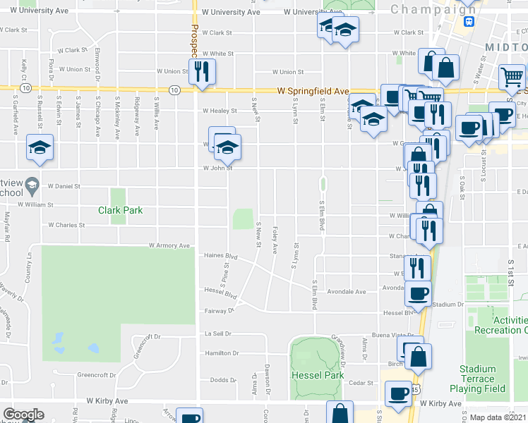 map of restaurants, bars, coffee shops, grocery stores, and more near 612 West William Street in Champaign