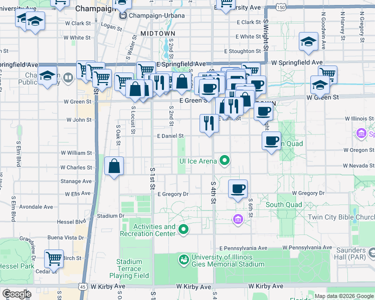 map of restaurants, bars, coffee shops, grocery stores, and more near 909 South 3rd Street in Champaign