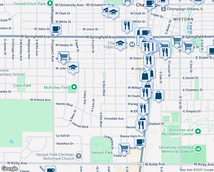 map of restaurants, bars, coffee shops, grocery stores, and more near 724 South Elm Boulevard in Champaign