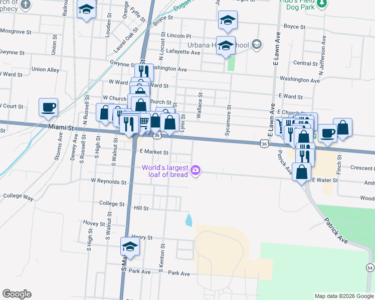 map of restaurants, bars, coffee shops, grocery stores, and more near 334 East Market Street in Urbana