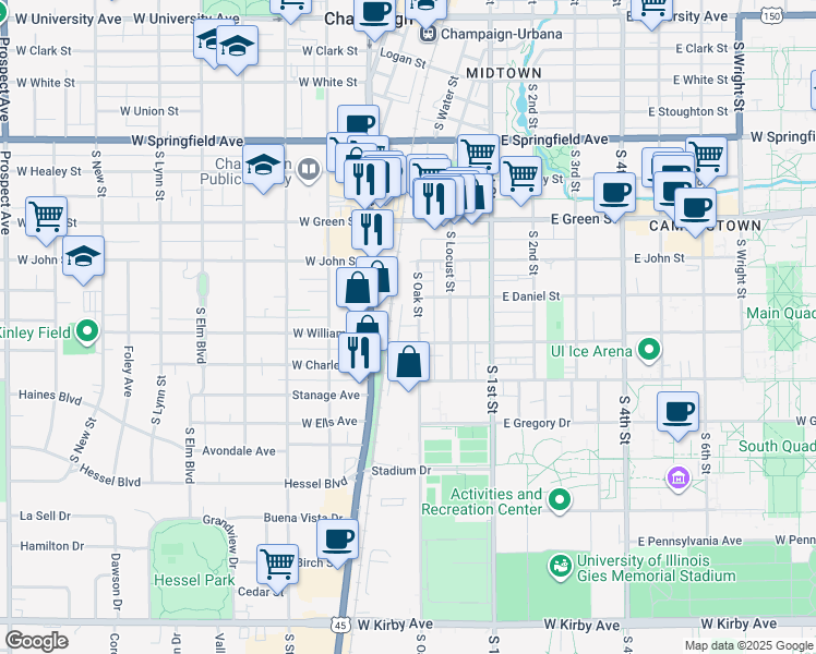 map of restaurants, bars, coffee shops, grocery stores, and more near 909 South Oak Street in Champaign