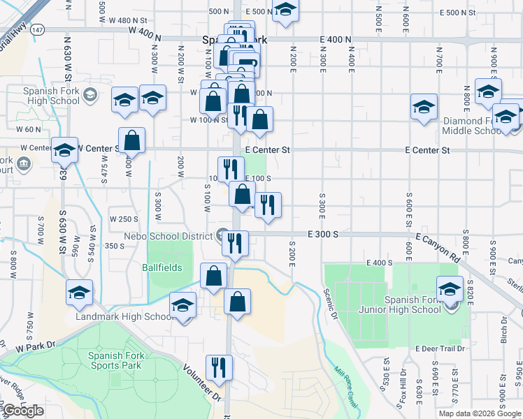 map of restaurants, bars, coffee shops, grocery stores, and more near 44 East 200 South in Spanish Fork