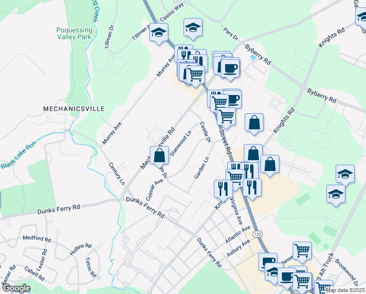 map of restaurants, bars, coffee shops, grocery stores, and more near 2785 Stanwood Lane in Bensalem