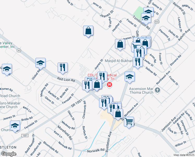 map of restaurants, bars, coffee shops, grocery stores, and more near 10048 Ferndale Street in Philadelphia