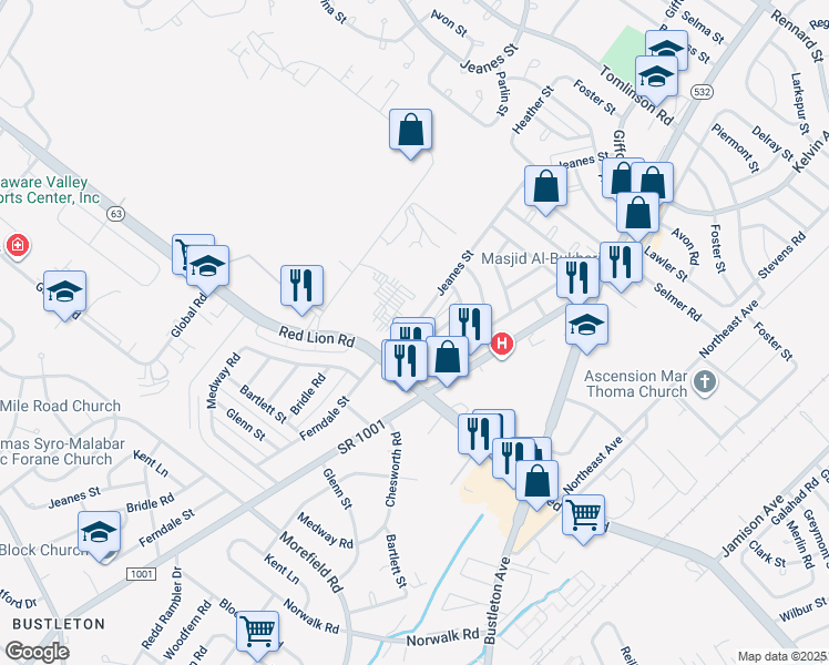 map of restaurants, bars, coffee shops, grocery stores, and more near 10001 Bridle Road in Philadelphia