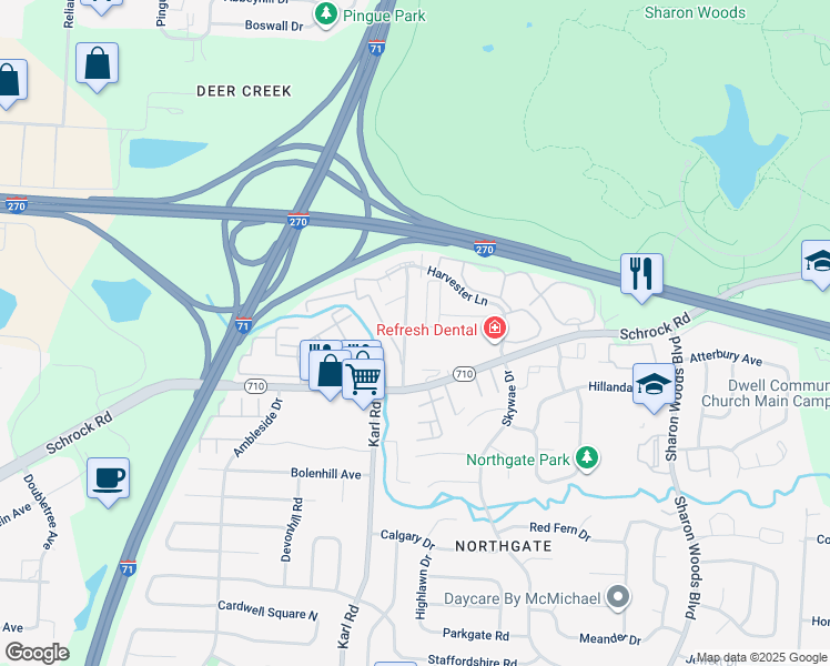 map of restaurants, bars, coffee shops, grocery stores, and more near 6761 Lancaster Lane in Columbus