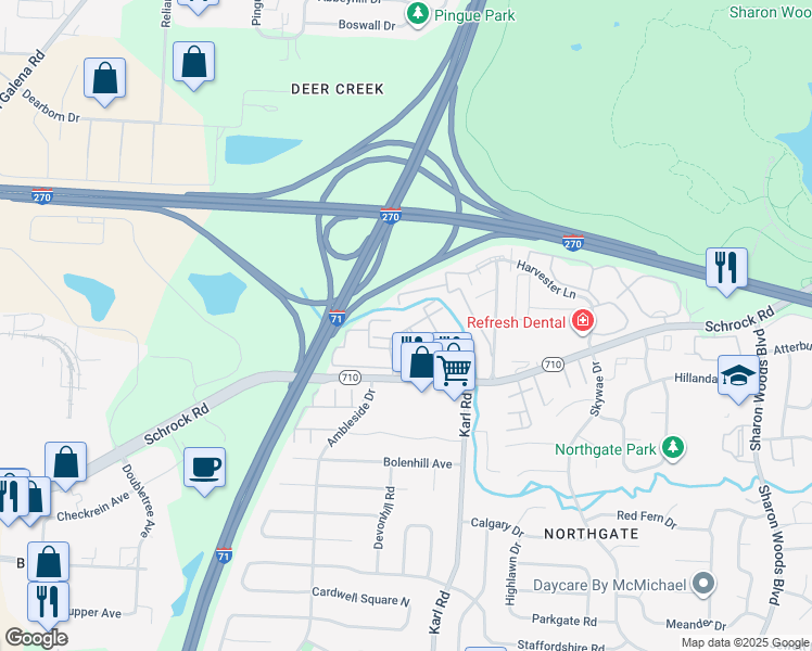 map of restaurants, bars, coffee shops, grocery stores, and more near 6851 Sharon Court in Columbus