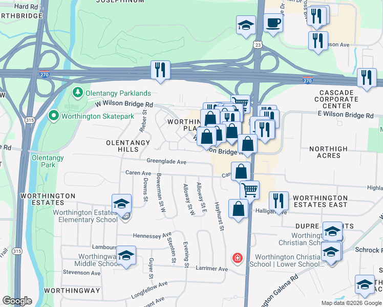 map of restaurants, bars, coffee shops, grocery stores, and more near 117 Saint Julien Street in Worthington