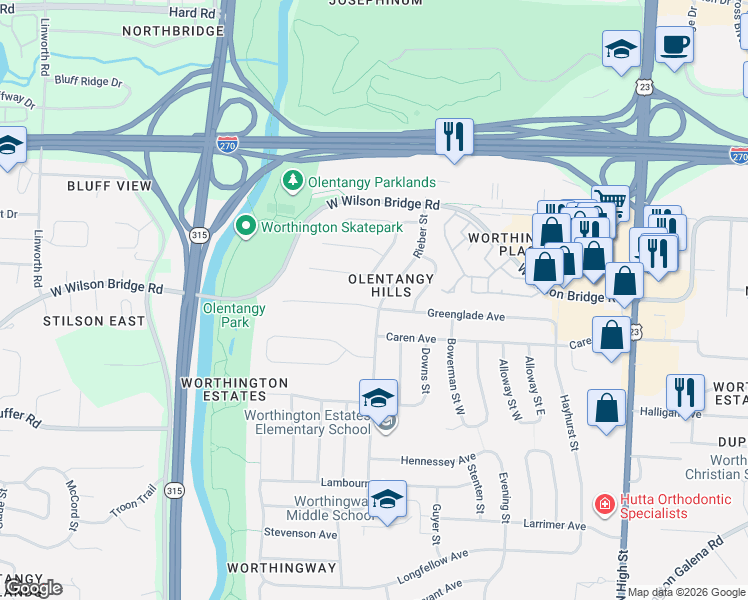 map of restaurants, bars, coffee shops, grocery stores, and more near 410 Greenglade Avenue in Worthington