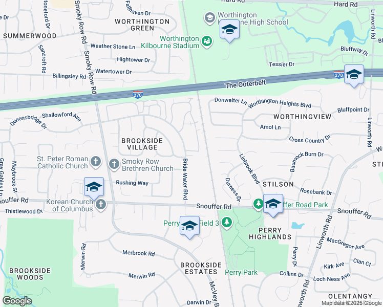map of restaurants, bars, coffee shops, grocery stores, and more near 7295 Bride Water Boulevard in Columbus