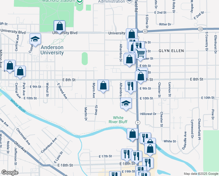 map of restaurants, bars, coffee shops, grocery stores, and more near 814 Nursery Road in Anderson