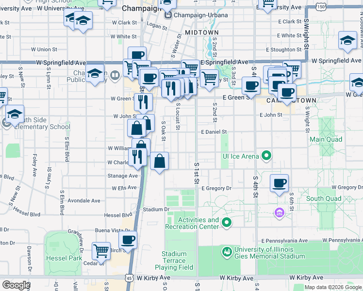 map of restaurants, bars, coffee shops, grocery stores, and more near 909 South Locust Street in Champaign