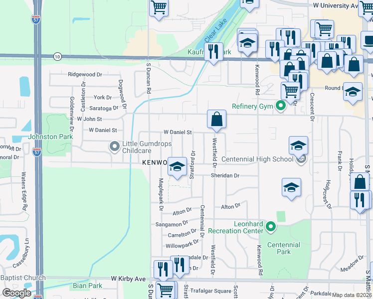 map of restaurants, bars, coffee shops, grocery stores, and more near 810 Stratford Drive in Champaign