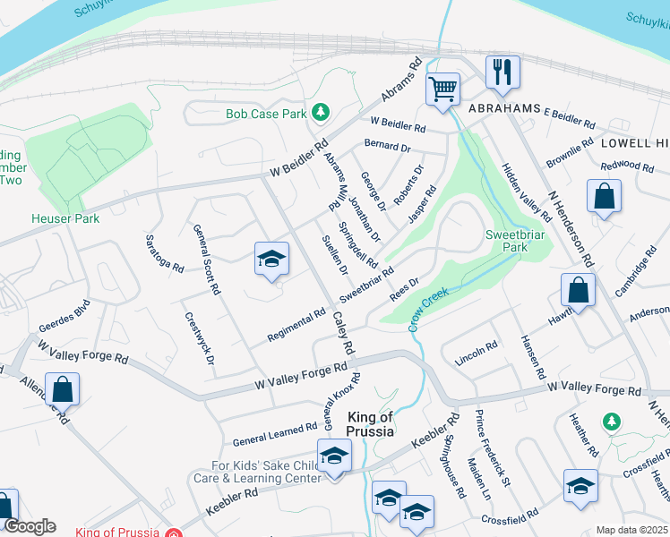 map of restaurants, bars, coffee shops, grocery stores, and more near 711 Suellen Drive in King of Prussia