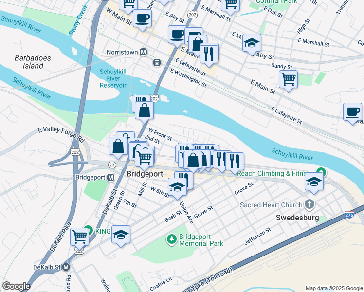 map of restaurants, bars, coffee shops, grocery stores, and more near 8 West Front Street in Bridgeport