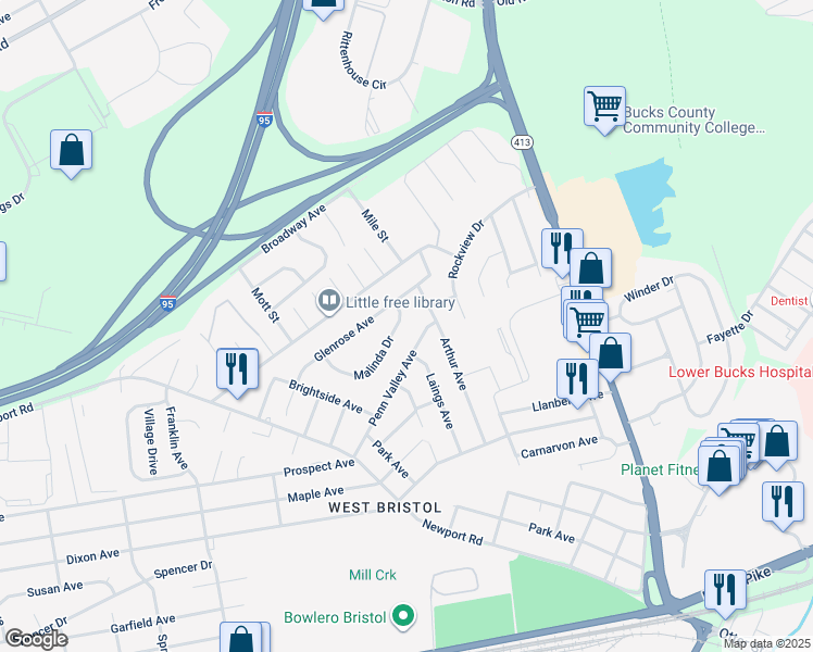map of restaurants, bars, coffee shops, grocery stores, and more near 3230 Malinda Drive in Bristol