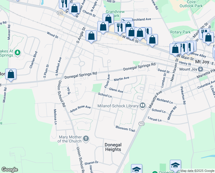 map of restaurants, bars, coffee shops, grocery stores, and more near 525 Glenn Avenue in Mount Joy