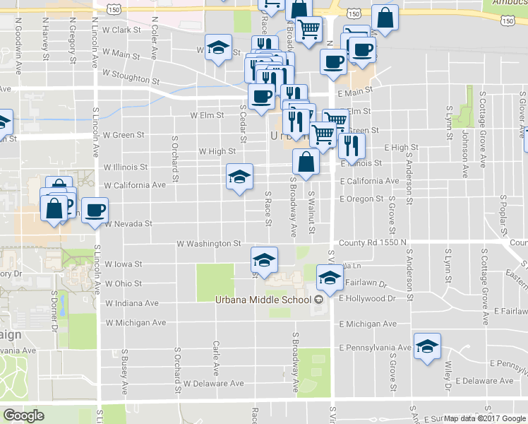 map of restaurants, bars, coffee shops, grocery stores, and more near 707 South Race Street in Urbana