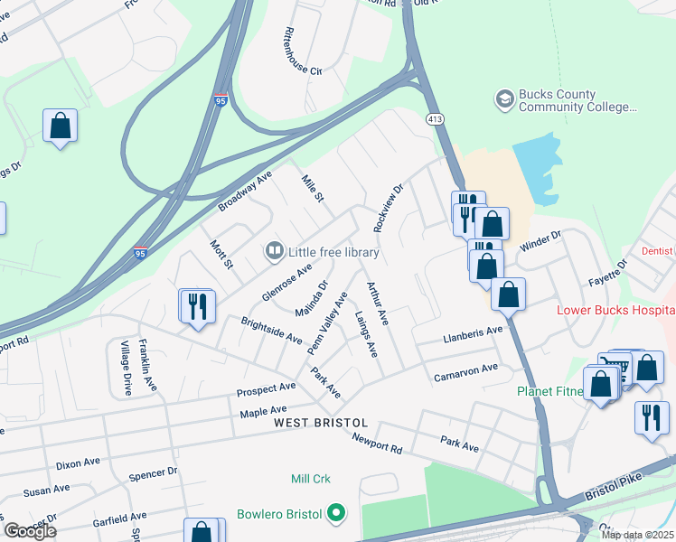 map of restaurants, bars, coffee shops, grocery stores, and more near 3230 Malinda Drive in Bristol
