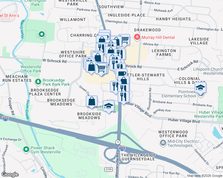 map of restaurants, bars, coffee shops, grocery stores, and more near 1 King Arthur Boulevard in Westerville