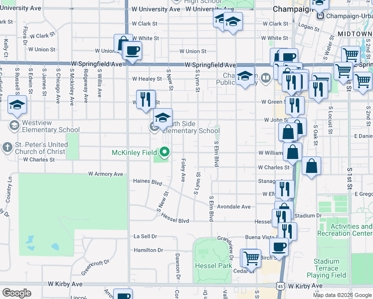 map of restaurants, bars, coffee shops, grocery stores, and more near 726 Foley Avenue in Champaign