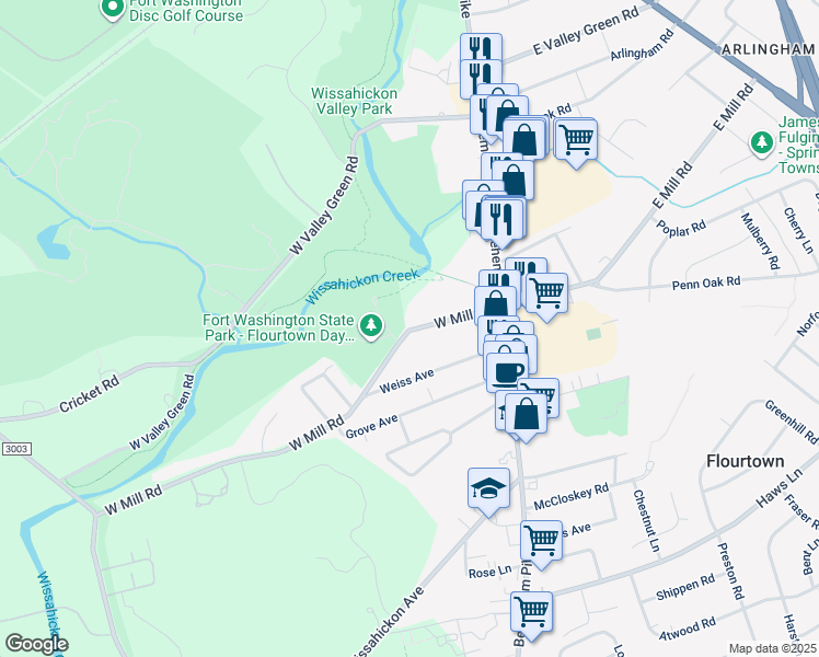 map of restaurants, bars, coffee shops, grocery stores, and more near 41 West Mill Road in Flourtown